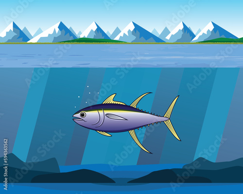 yellow fin tuna swim under the water with mountain view background drawing in vector