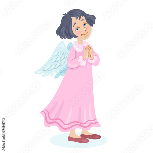 Cute angel girl in a pink dress with blue wings stands with her hands folded in prayer. In cartoon style. Isolated on white background. Vector flat illustration