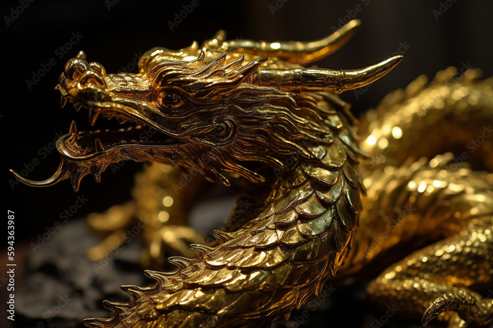 Fantastic dragon jewelry or statue in gold golden metal. Mythology fantasy or fairytale reptile monster macro close up. Ai generated Fantastic dragon jewelry or statue in gold golden metal. Mythology fantasy or fairytale reptile monster macro close up. Ai generated