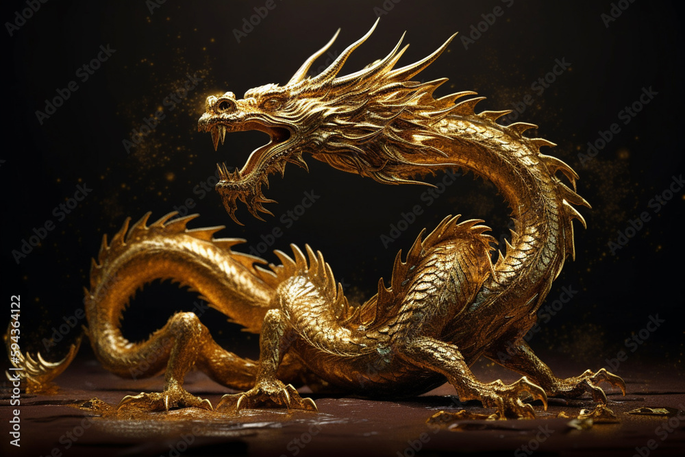 Fototapeta premium Fantastic dragon jewelry or statue in gold golden metal. Mythology fantasy or fairytale reptile monster macro close up. Ai generated