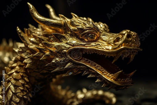 Fantastic dragon jewelry or statue in gold golden metal. Mythology fantasy or fairytale reptile monster macro close up. Ai generated © dragomirescu