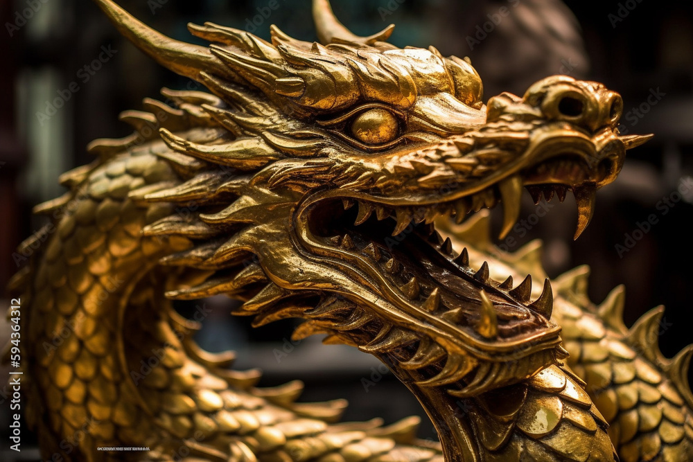 Fototapeta premium Fantastic dragon jewelry or statue in gold golden metal. Mythology fantasy or fairytale reptile monster macro close up. Ai generated