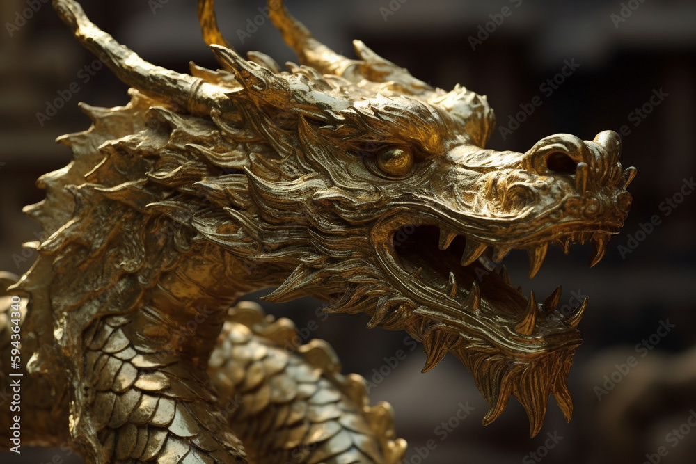 Fantastic dragon jewelry or statue in gold golden metal. Mythology fantasy or fairytale reptile monster macro close up. Ai generated