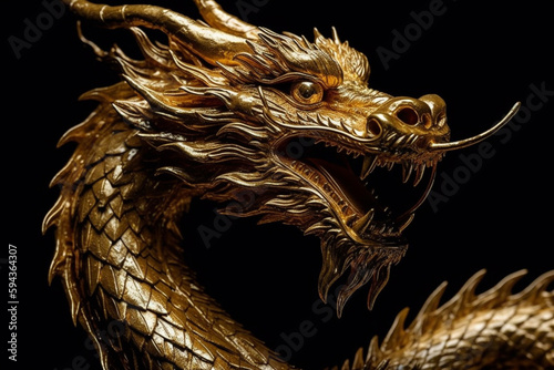 Fantastic dragon jewelry or statue in gold golden metal. Mythology fantasy or fairytale reptile monster macro close up. Ai generated