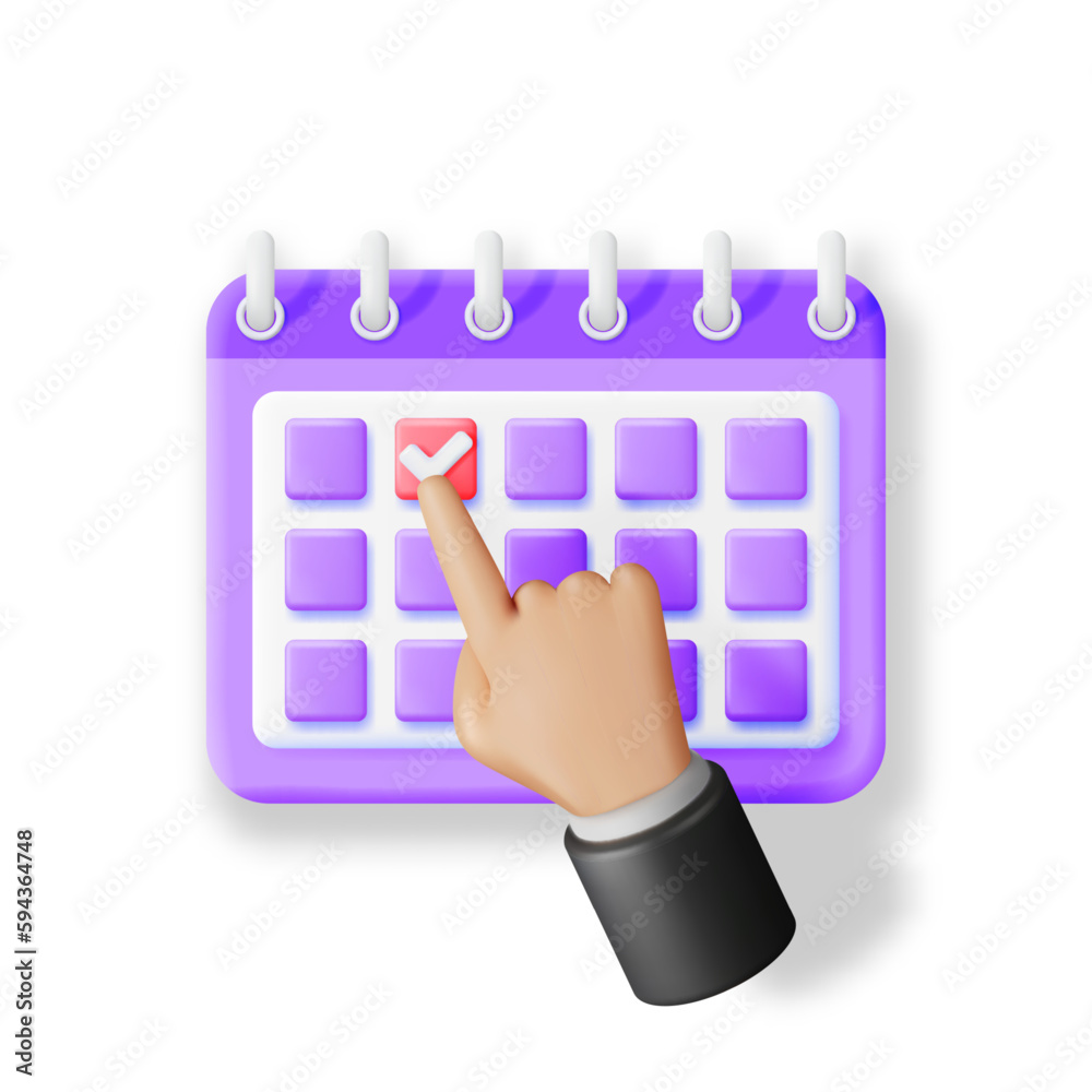 3D Hand Putting Check Mark on Calendar Isolated. Render Calendar Icon. Schedule, Appointment, Organizer, Timesheet, Important Date. Time Management Concept. Minimal Vector Illustration 3D Hand Putting Check Mark on Calendar Isolated. Render Calendar Icon. Schedule, Appointment, Organizer, Timesheet, Important Date. Time Management Concept. Minimal Vector Illustration