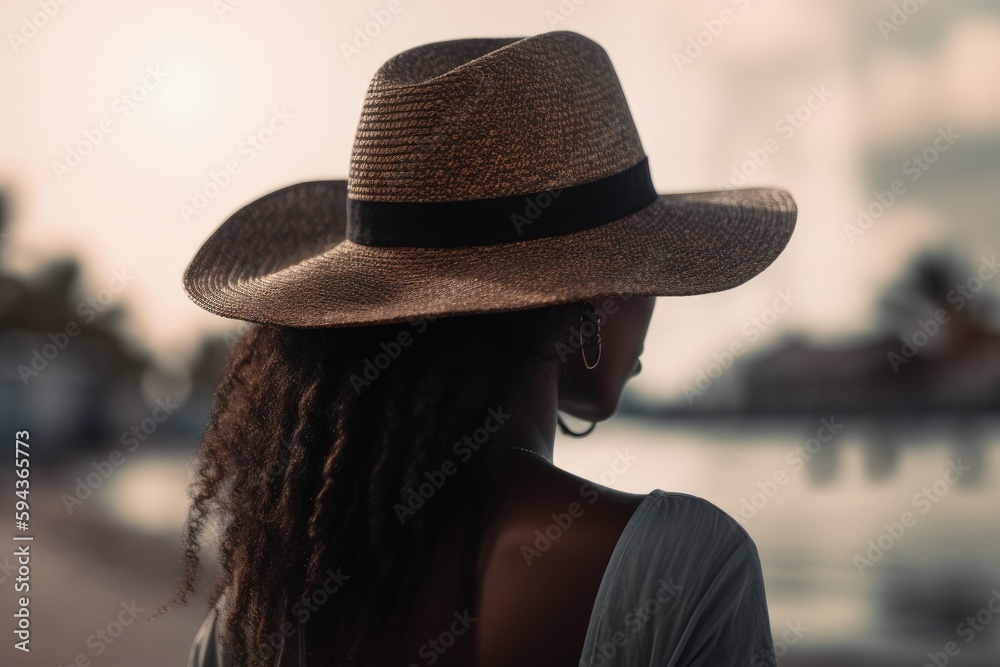Landscape with black woman with hat, beach and sea in background, bokeh background. Generative AI Landscape with black woman with hat, beach and sea in background, bokeh background. Generative AI