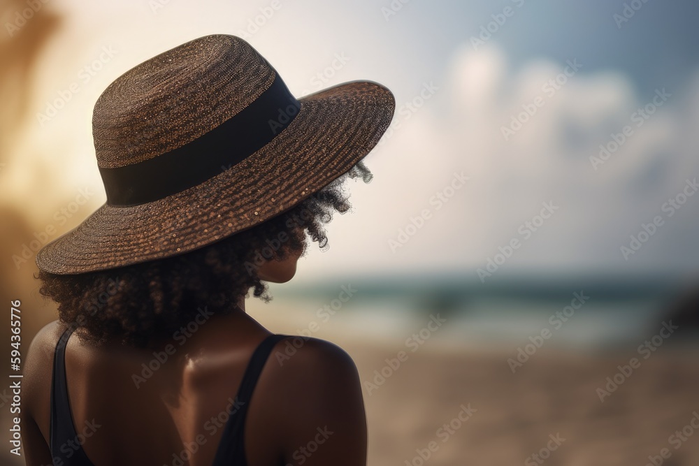 Landscape with black woman with hat, beach and sea in background, bokeh background. Generative AI