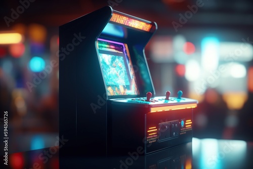 Arcade machine illustration, 80s and 90s style, retro, game, bokeh background. Generative AI photo