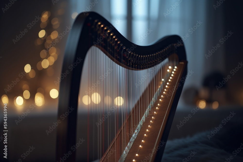 Obraz premium Instrument harp illustration, music concept, bokeh background. Generative AI