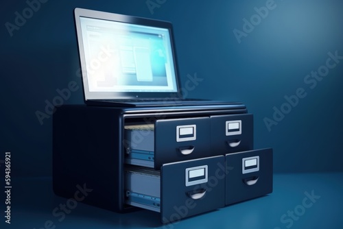Laptop over file drawers, blue background, fantasy concept, digital illustration. Generative AI