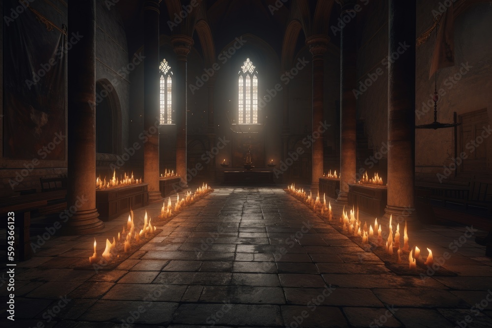 Fototapeta premium Illustration of the interior of a medieval castle, concept of history and fantasy. Generative AI