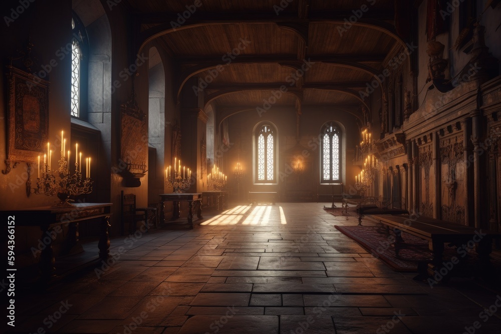 Illustration of the interior of a medieval castle, concept of history and fantasy. Generative AI