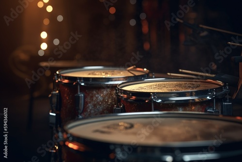 Drums illustration, music concept, bokeh background. Generative AI