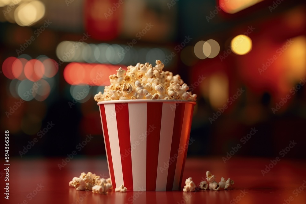 Illustration of bucket full of popcorn, cinema and entertainment concept, bokeh background. Generative AI Illustration of bucket full of popcorn, cinema and entertainment concept, bokeh background. Generative AI
