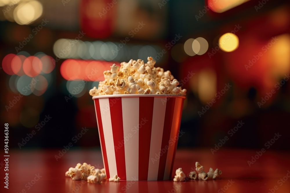 Illustration of bucket full of popcorn, cinema and entertainment concept, bokeh background. Generative AI