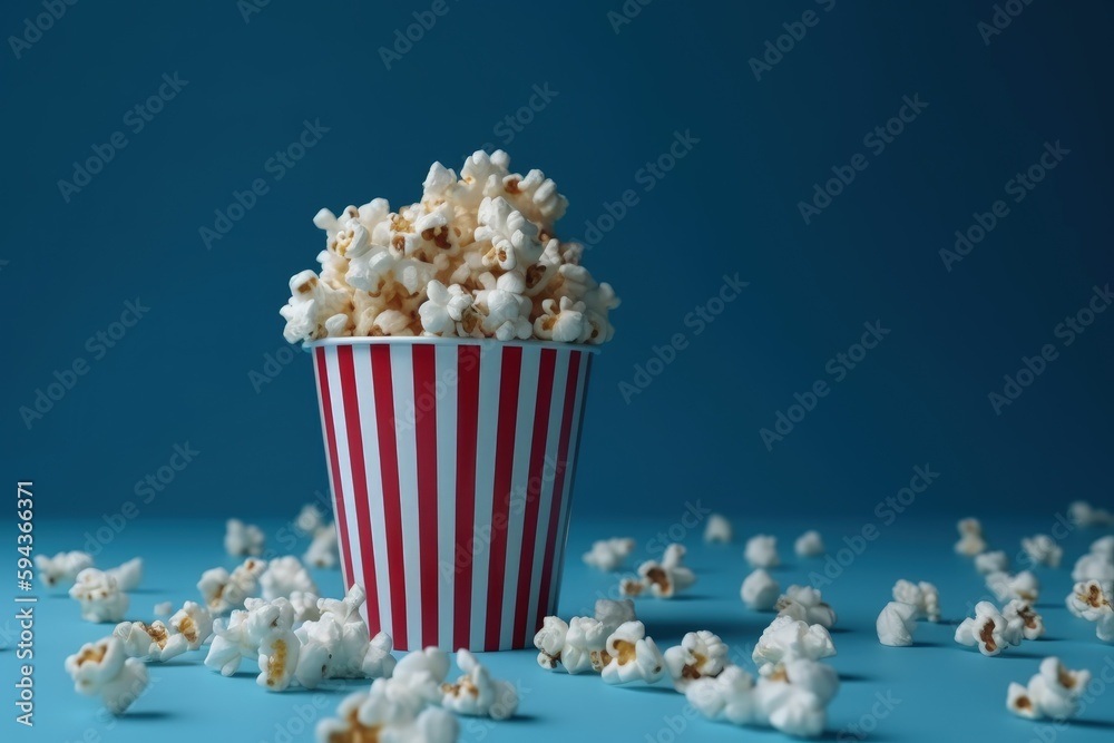 Illustration of bucket full of popcorn, cinema and entertainment concept, blue background. Generative AI