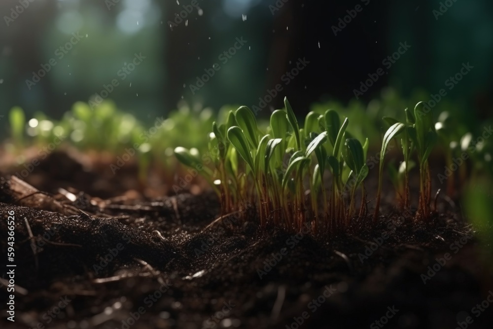 Little plants growing in the soil, concept of environmental preservation, bokeh background. Generative AI