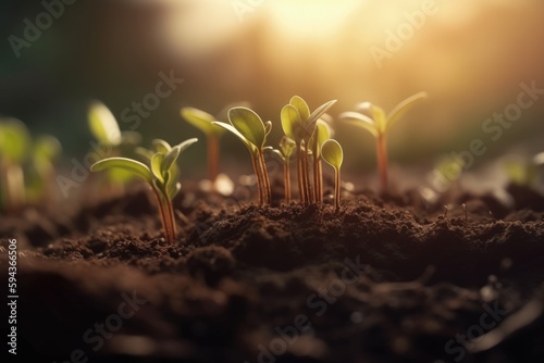 Little plants growing in the soil, concept of environmental preservation, bokeh background. Generative AI