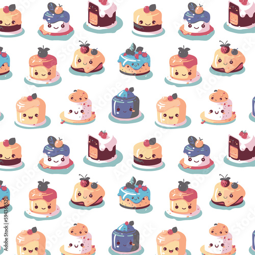 Cute Cake Pudding Dessert Character Allover Seamless Pattern Design Artwork