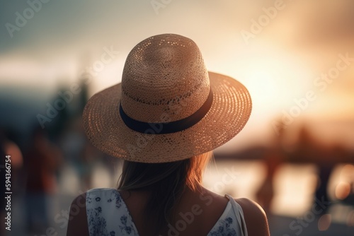 Landscape with woman from the back with hat, beach in the background, bokeh background. Generative AI