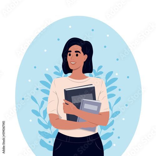 Happy girl student with book. Vector illustration in cute cartoon style.