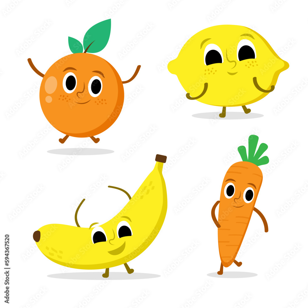 Hand drawn garden vegetable collection. orange, lemon, banana, carrot