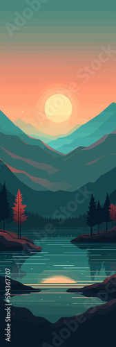 Mountain peak landscape with soft sunset light. Flat 2d vector illustration
