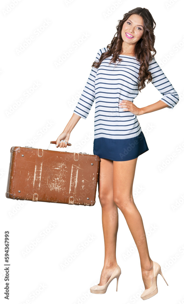 Young cute woman with suitcase on white background Young cute woman with suitcase on white background