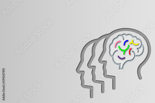 Realistic paper cut human head brain. Colorful papercut man silhouette on graybackground