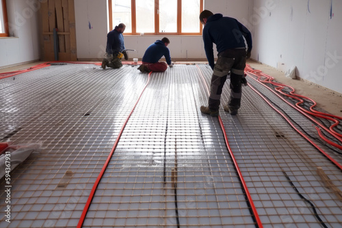Workers installing underfloor heating, Innovative and Eco-Friendly Heating Solutions, generative ai