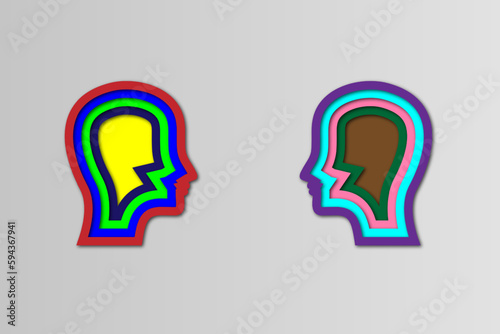 Realistic paper cut human head brain. Colorful papercut man silhouette on graybackground