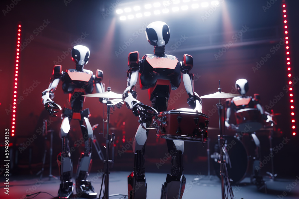 Group of robots playing drums in front of crowd of drummers. Generative AI.