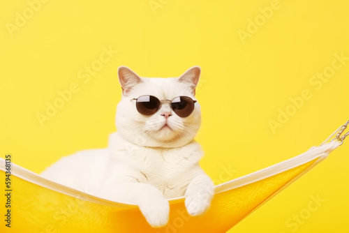 White cat wearing sunglasses sitting on top of yellow chair on yellow background. Generative AI.