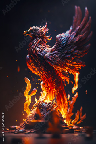 Red and black bird sitting on top of pile of fire and flames. Generative AI.