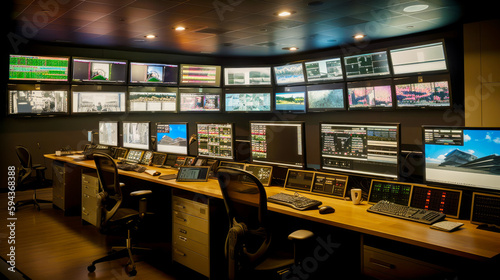 Control room filled with lots of monitors and laptop on top of desk. Generative AI.