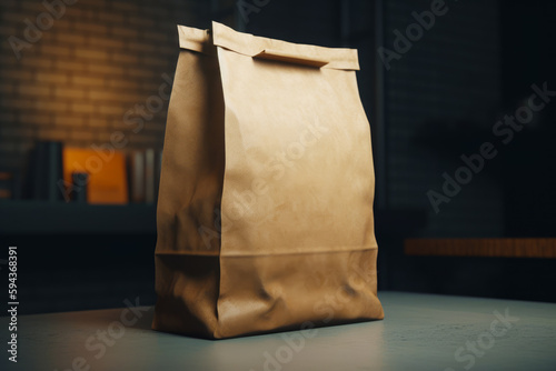 Brown paper bag sitting on top of table next to lamp. Generative AI.