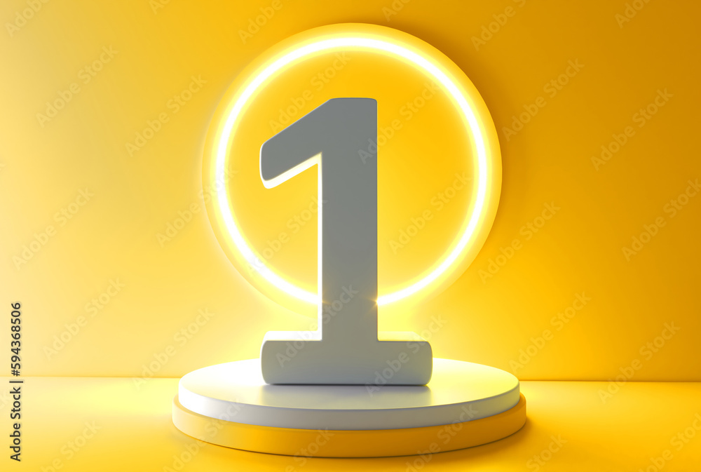 Number 1 in white on light yellow background, one number isolated 3d rendering. Number 1 on the podium. Number 1 in white on light yellow background, one number isolated 3d rendering. Number 1 on the podium.