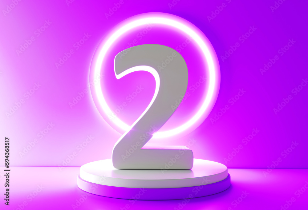 Naklejka premium Number 2 in white on light purple background, two number isolated 3d rendering. Number 2 on the podium.