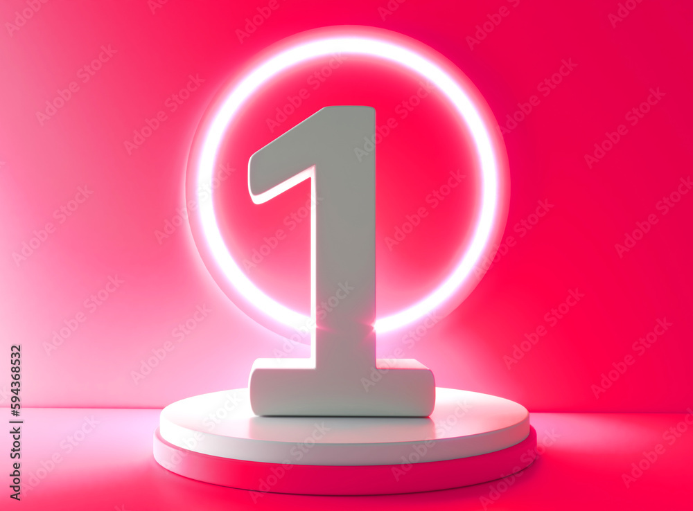 Number 1 in white on light pink background, one number isolated 3d rendering. Number 1 on the podium. Number 1 in white on light pink background, one number isolated 3d rendering. Number 1 on the podium.