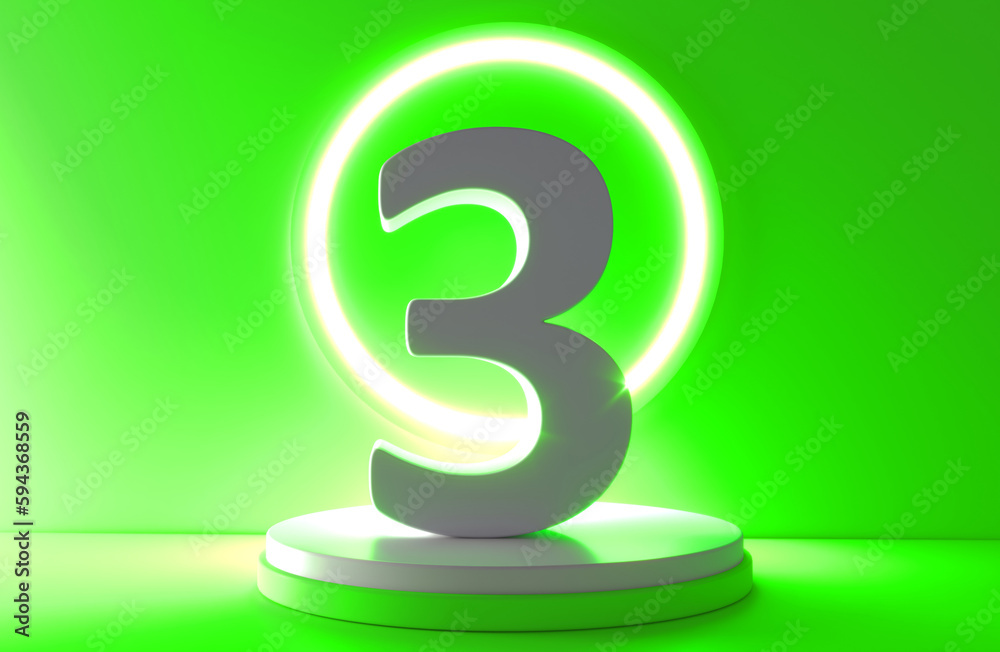 Number 3 in white on light green background, three number isolated 3d rendering. Number 3 on the podium. Number 3 in white on light green background, three number isolated 3d rendering. Number 3 on the podium.