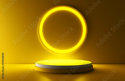 Yellow realistic 3d cylinder stand podium with glowing yellow neon in circle shape. Abstract 3D Rendering geometric forms. Minimal scene. Stage showcase, Mockup product display. © adobedesigner