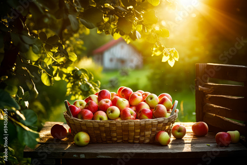 Basket full of apples sitting on table in front of house. Generative AI.