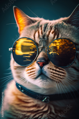 Close up of cat wearing sunglasses with cat's face. Generative AI.