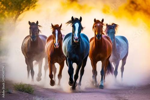 Group of horses running down dirt road next to field of grass. Generative AI.