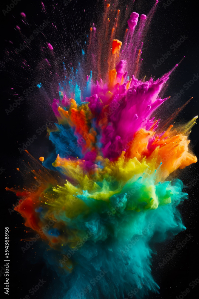 Multicolored explosion of colored powder on black background with space for text. Generative AI.