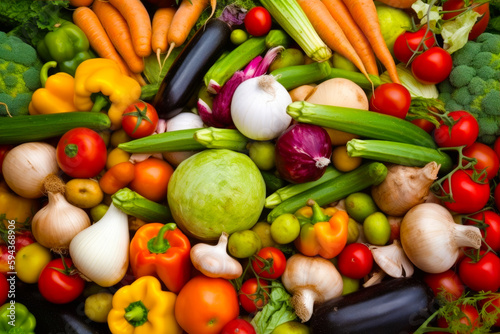 Pile of assorted vegetables including carrots  onions  tomatoes  and broccoli. Generative AI.