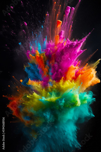 Multicolored explosion of colored powder on black background with space for text. Generative AI.