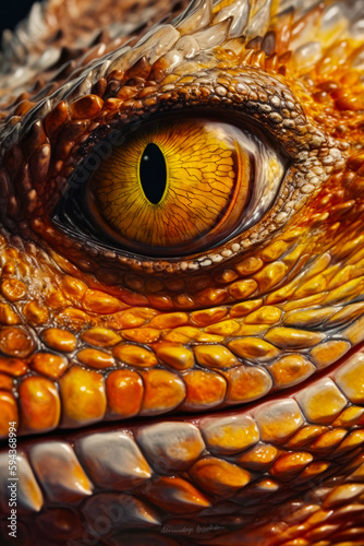 Close up of lizard's eye with orange and yellow colors. Generative AI.