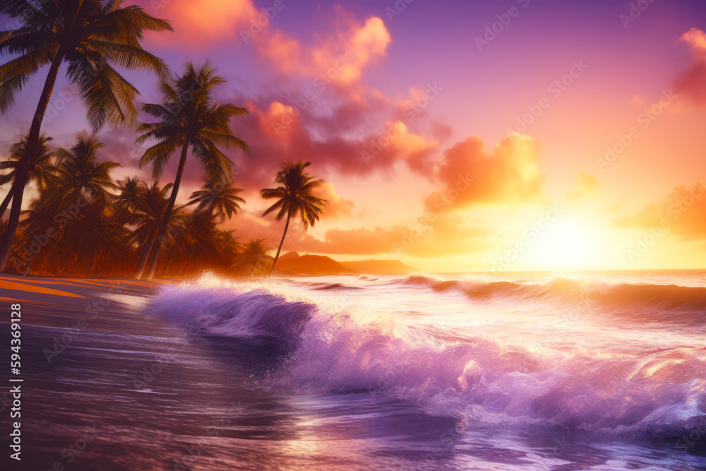 Image of sunset over beach with palm trees and wave. Generative AI.