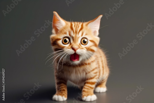 Small kitten with its mouth open and it's tongue hanging out. Generative AI.